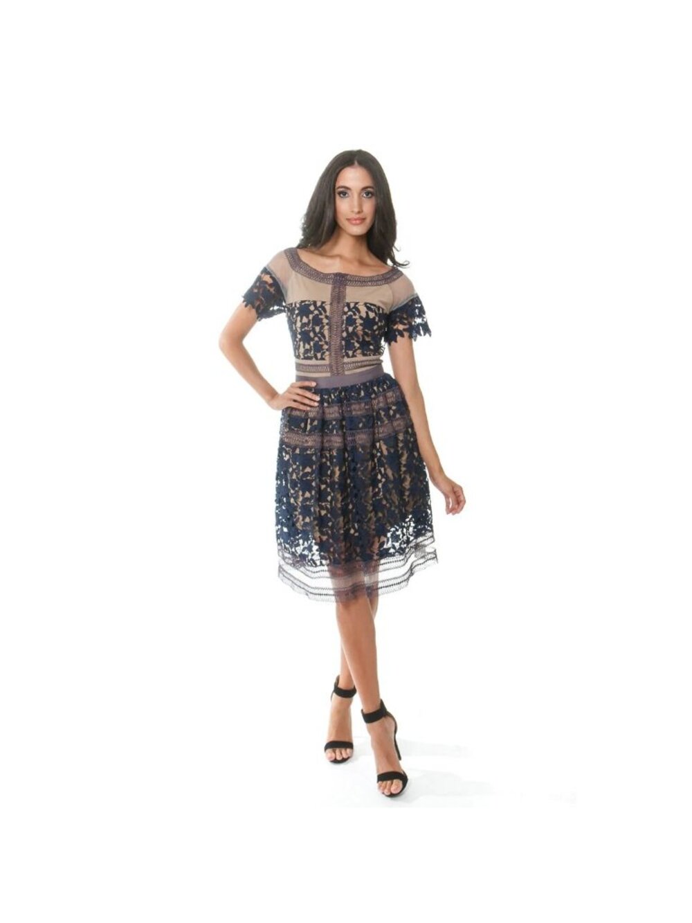 Cenia New York Navy Floral Lace Mesh Midi Dress Size 2 Short Sleeves Elegant Par
